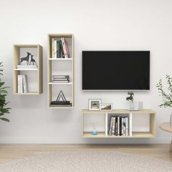 vidaXL Set dulapuri TV, 3 piese, alb și stejar sonoma, lemn prelucrat