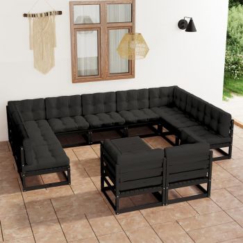 vidaXL Set mobilier de grădină cu perne12 piese, negru, lemn masiv pin