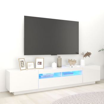 vidaXL Comodă TV cu lumini LED, alb extralucios, 200x35x40 cm