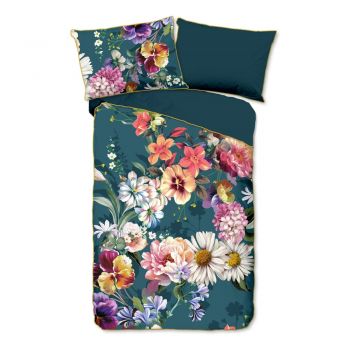 Lenjerie de pat din bumbac organic pentru pat de o persoană Descanso Sunflower, 140 x 220 cm, albastru petrol ieftina