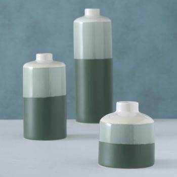 Set 3 vaze decorative din portelan Brixa Verde / Alb, Ø10xH29 cm / Ø9xH19 cm / Ø10xH11 cm