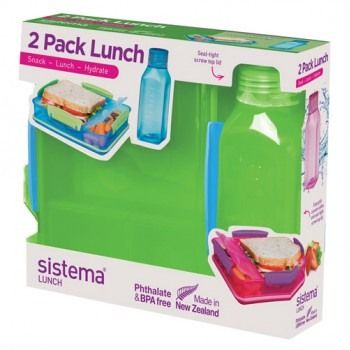 Set cutie alimente cu 2 compartimente Sistema Lunch 975ml si sticla Square 475ml diverse culori