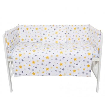 Set lenjerie 4 piese Mini Cot Yellow and Grey Stars white