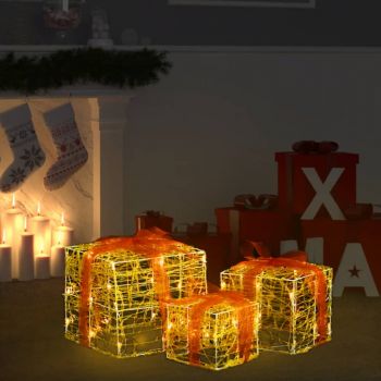 vidaXL Cutii cadou de Crăciun decorative, 3 buc., alb cald, acril