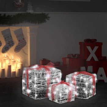 vidaXL Cutii cadou de Crăciun decorative, 3 buc., alb rece, acril