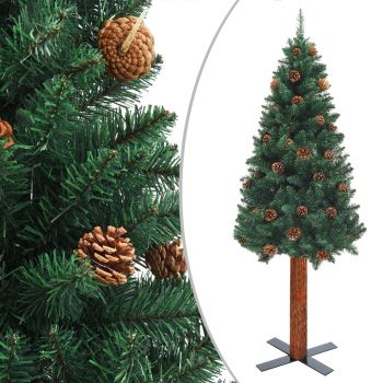 vidaXL Pom Crăciun subțire, LED-uri&lemn natural&conuri, verde, 210 cm