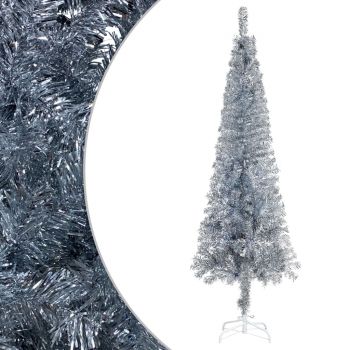 vidaXL Set brad de Crăciun subțire cu LED-uri&globuri argintiu, 150 cm