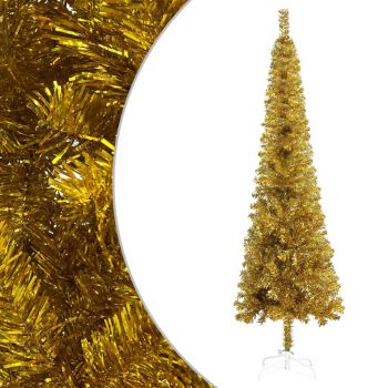 vidaXL Set brad de Crăciun subțire cu LED-uri&globuri, auriu, 120 cm