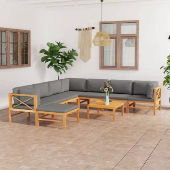 vidaXL Set mobilier grădină cu perne gri, 9 piese, lemn masiv de tec