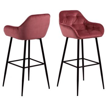 Set 2 scaune de bar tapitate cu stofa si picioare metalice Brooke Velvet Roz Inchis / Negru, l52xA53xH104 cm