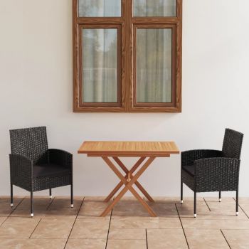 vidaXL Set mobilier de grădină, 3 piese, negru, poliratan/lemn acacia