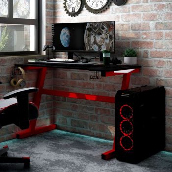 vidaXL Birou de gaming cu picioare formă Z negru/roșu 110x60x75 cm LED