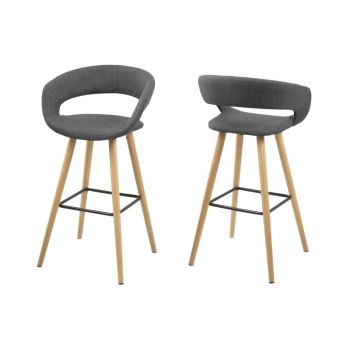 Set 2 scaune de bar tapitate cu stofa si picioare din lemn Grace Gri Inchis / Stejar, l55xA46,5xH98 cm
