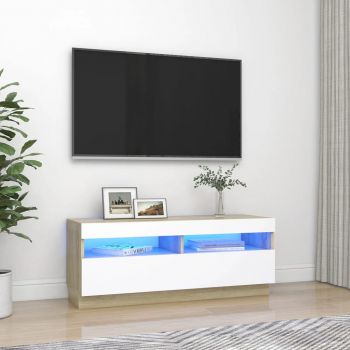vidaXL Comodă TV cu lumini LED, alb și stejar sonoma, 100x35x40 cm