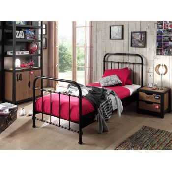Set Mobila dormitor din lemn de pin si MDF cu pat metalic, pentru copii 3 piese New York Negru / Natural, 200 x 90 cm