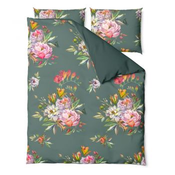 Lenjerie de pat din bumbac satinat pentru pat dublu Bonami Selection Floret, 200 x 220 cm, verde închis
