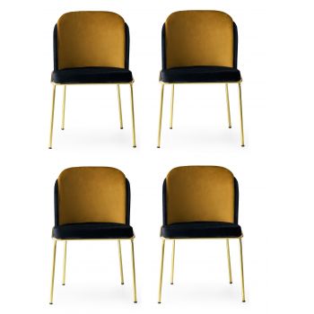 Set 4 scaune tapitate cu stofa si picioare metalice, Dore 102 Velvet Negru / Mustariu / Auriu, l54xA55xH86 cm