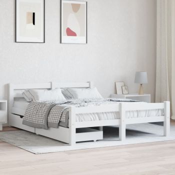 vidaXL Cadru de pat cu 2 sertare, alb, 140x200 cm, lemn masiv pin