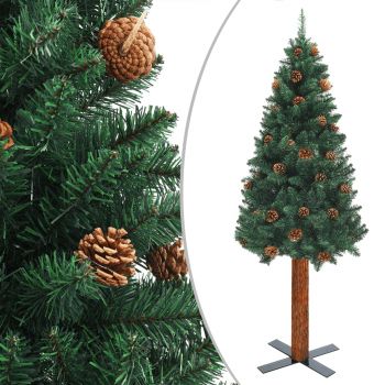 vidaXL Pom Crăciun subțire, LED-uri&lemn natural&conuri, verde, 150 cm