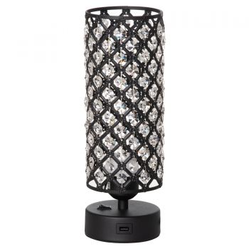 Lampa de Masa HOMCOM cu Abajur din Cristal si 2 Porturi USB, Intensitatea Luminii Reglabila Touch Ф10,8 x 30 cm, Negru