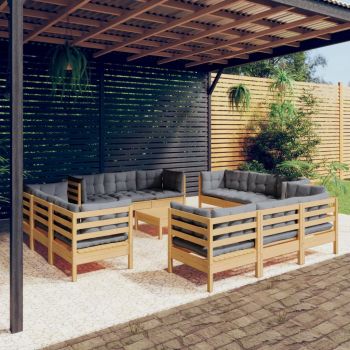 vidaXL Set mobilier de grădină cu perne, 13 piese gri, lemn masiv pin