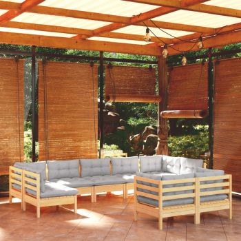 vidaXL Set mobilier grădină cu perne, 9 piese, gri, lemn masiv pin