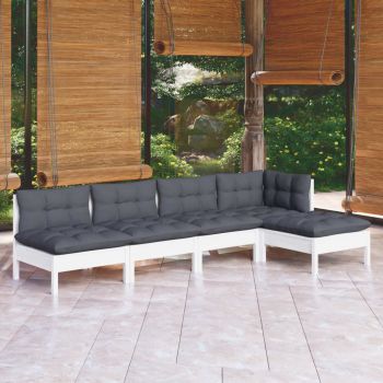 vidaXL Set mobilier de grădină cu perne, 5 piese, alb, lemn de pin