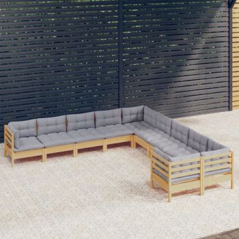 vidaXL Set mobilier grădină cu perne, 10 piese, gri, lemn de pin