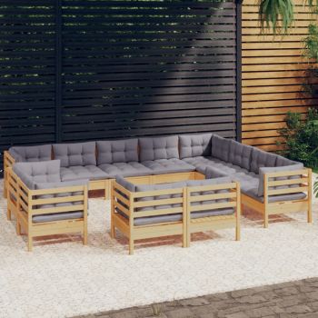 vidaXL Set mobilier grădină cu perne, 12 piese, gri, lemn masiv pin