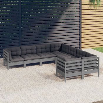 vidaXL Set mobilier grădină cu perne, 8 piese, gri, lemn masiv pin