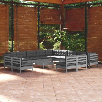 vidaXL Set mobilier de grădină cu perne, 14 piese, gri, lemn masiv pin
