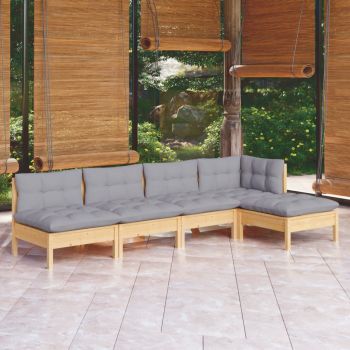 vidaXL Set mobilier grădină cu perne gri, 5 piese, lemn de pin