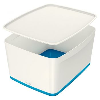 Cutie de depozitare albă/albastră din plastic cu capac 32x38.5x20 cm MyBox – Leitz ieftina