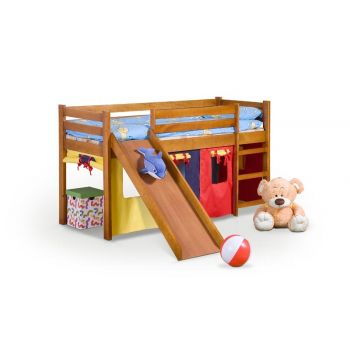 Pat etajat din lemn de pin cu tobogan pentru copii, Neo Plus Natural, 190 x 80 cm