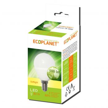 Bec LED Ecoplanet glob mic G45, E14, 7W (60W), 630 LM, A+, lumina calda 3000K, Mat