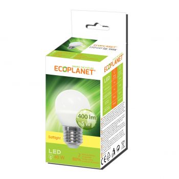 Bec LED Ecoplanet glob mic G45, E27, 5W (40W), 400 LM, A+, lumina calda 3000K, Mat
