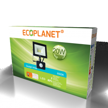 Proiector LED Ecoplanet Tablet + Senzor de mișcare, 20W (100W), 1800LM, F, lumină rece 6500K, IP65