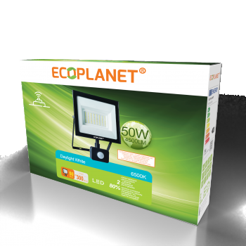 Proiector LED Ecoplanet Tablet + Senzor de mișcare, 50W (300W), 4500LM, F, lumină rece 6500K, IP65