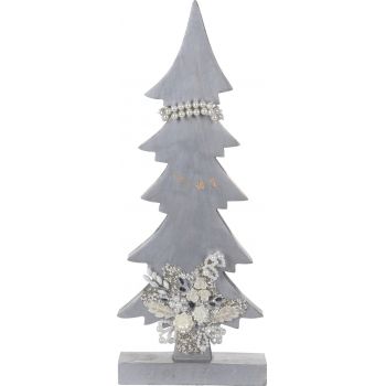 Decoratiune Xmas Tree w pearls , 17x5.8x43 cm, lemn de mango, alb/argintiu ieftina