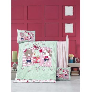 Lenjerie de pat pentru copii, Victoria, Sleepy, 4 piese, 100% bumbac ranforce, verde/rosu ieftina
