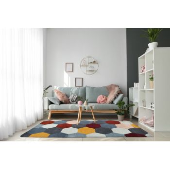 Covor Homeycomb Bedora, 100x200 cm, 100% lana, multicolor, finisat manual