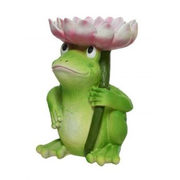 Decoratiune de gradina Frog w flower, Decoris, 18.6x16.7x26.2 cm, polirasina, roz