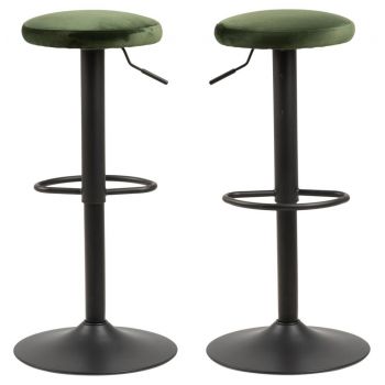 Set 2 scaune de bar tapitate cu stofa si picior metalic Finch Velvet Verde / Negru, Ø40xH82 cm