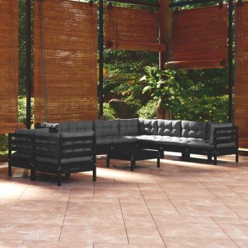 vidaXL Set mobilier grădină cu perne, 10 piese, negru, lemn masiv pin