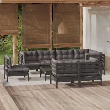 vidaXL Set mobilier grădină cu perne, 9 piese, negru, lemn masiv pin