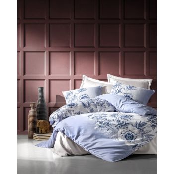 Lenjerie de pat din bumbac Satinat Alissa Alb / Albastru, 200 x 220 cm
