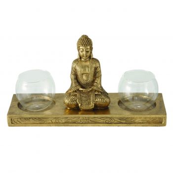 Suport pentru lumanari Jarven Buddha, Boltze, 30x10x16 cmm, polirasina, auriu