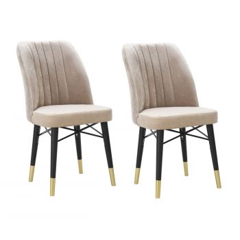 Set 2 scaune tapitate cu stofa si picioare din lemn Bella Velvet Gri / Alb / Auriu, l50xA49xH92,5 cm