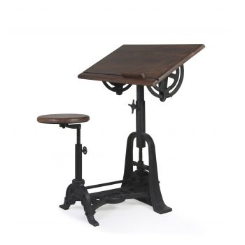 Masa pentru desen tehnic cu scaun inclus, din lemn si metal, inaltime reglabila, Pipa Architect Nuc / Negru, L80xl70xH78-103 cm