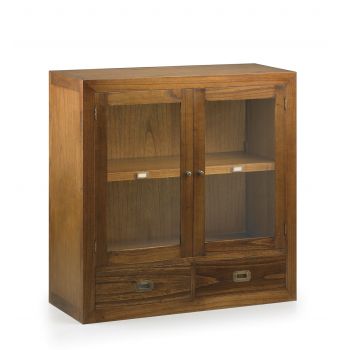 Cabinet cu vitrina, din lemn si furnir, cu 2 sertare si 2 usi, Star Combi Nuc, l90xA35xH90 cm